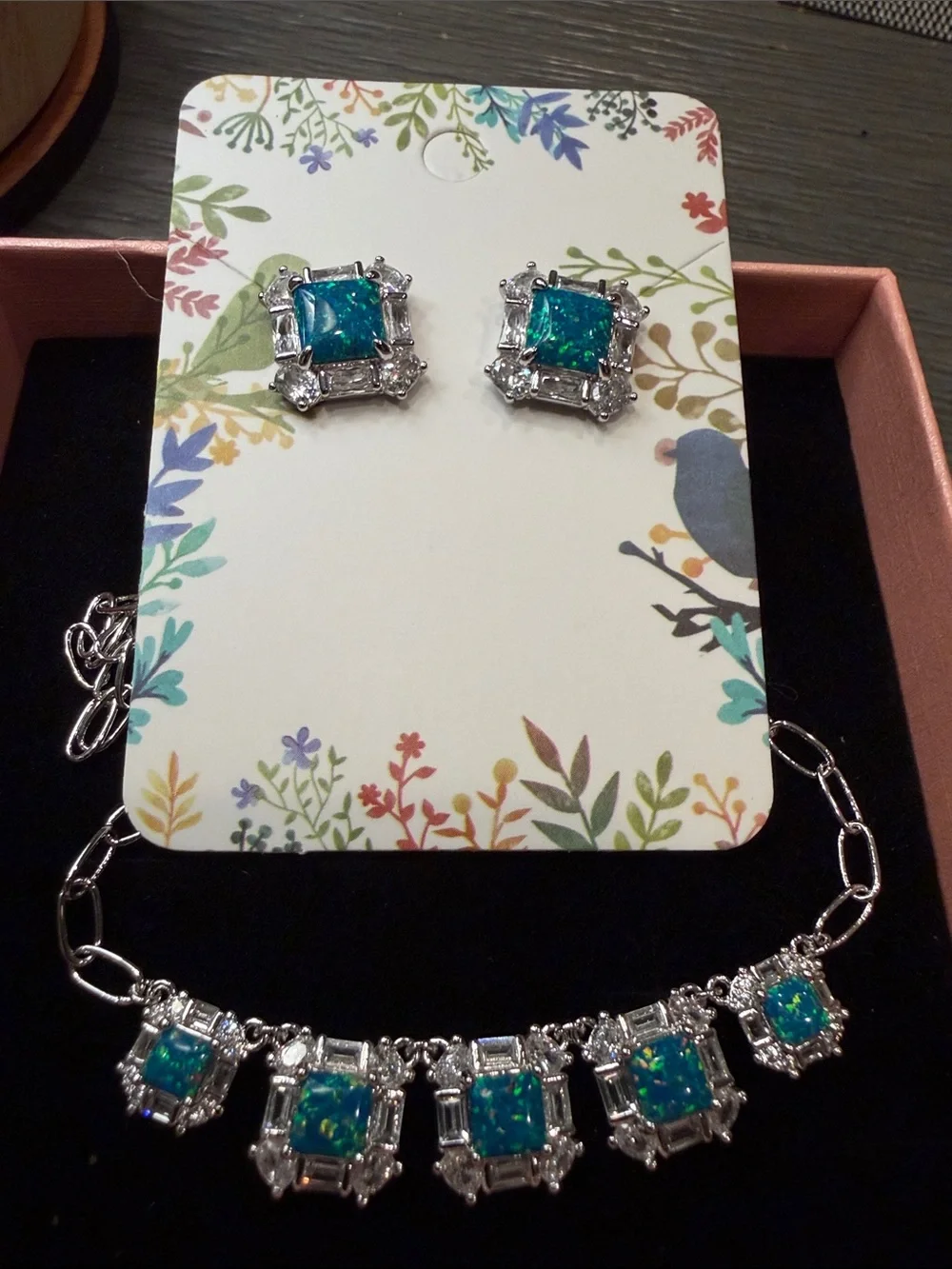 Bomb Party Sterling-Tone Blue Opal Square Necklace and Stud Earrings Set
